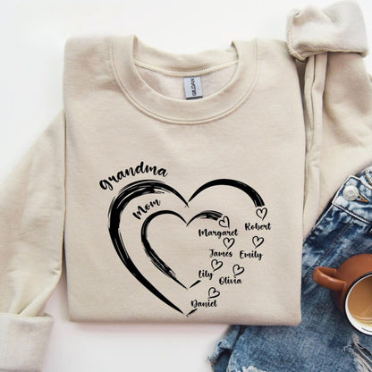 Personalisiertes Oma-Herz Sweatshirt mit den Namen der Enkelkinder, Geschenk für Oma