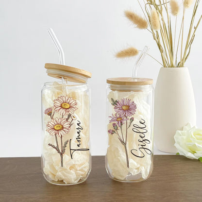 Personalisierter Geburtsblumen-Tumbler mit Name, Geburtsblumen-Glas, Geschenk für Sie