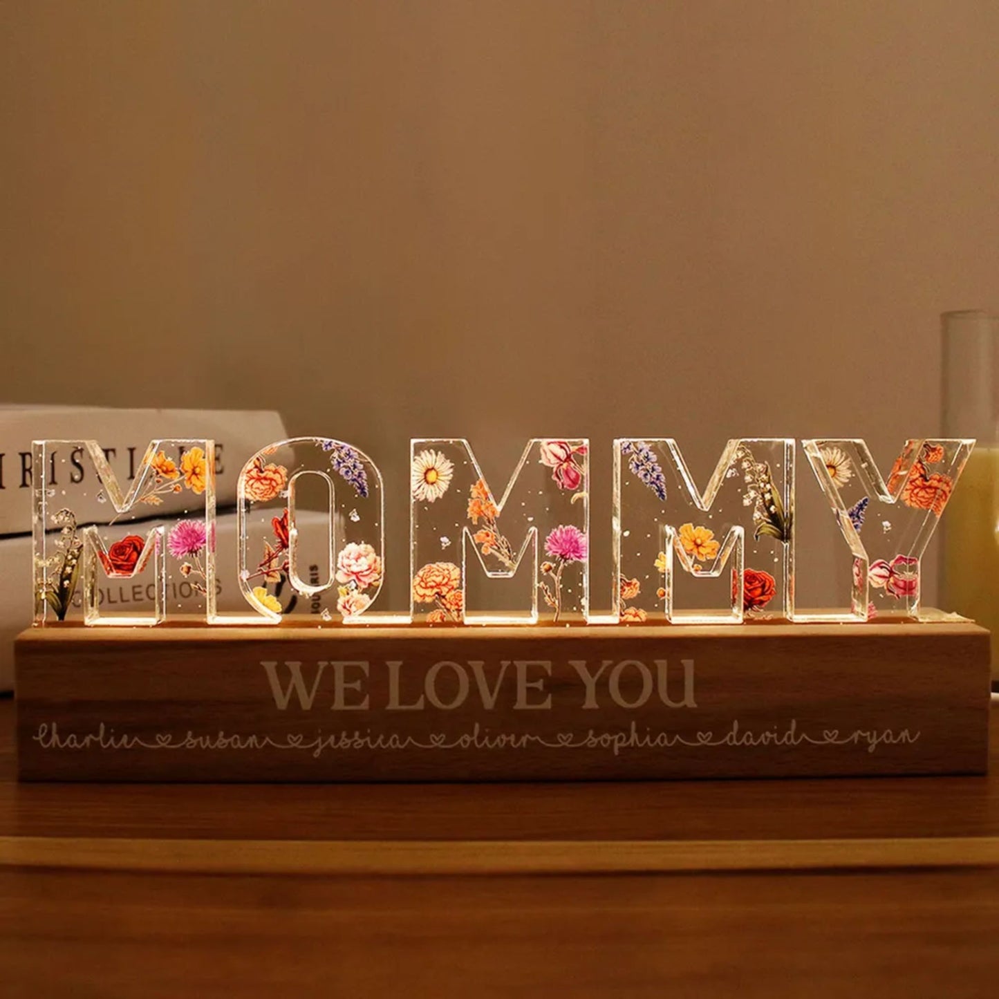 Personalisierte LED-Nachtlampe mit Blumenmuster, Weihnachtsgeschenk für Mama, Geschenk für Oma