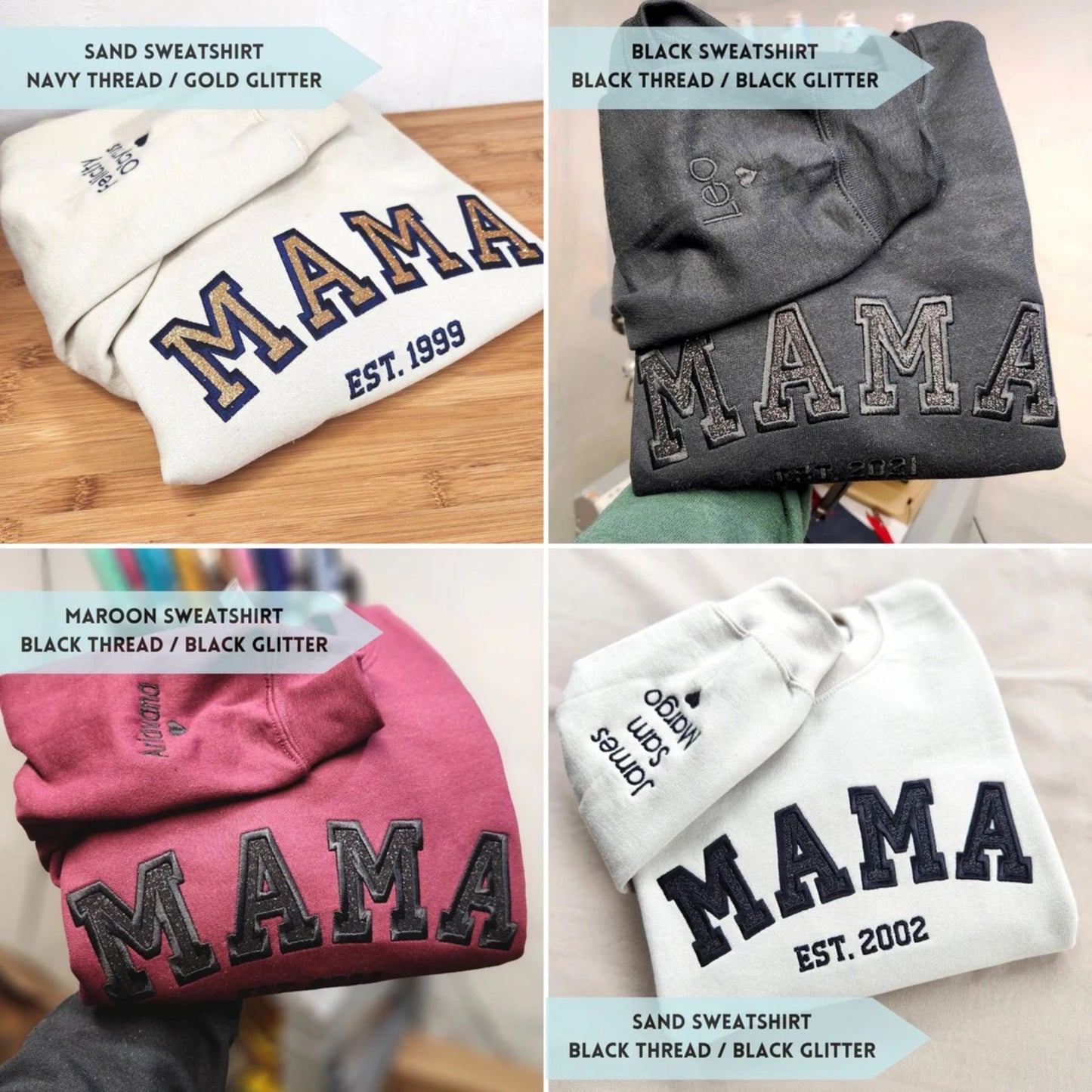 Personalisiertes Besticktes Mama Sweatshirt mit den Namen der Kinder auf dem Ärmel