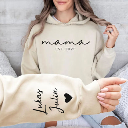 Personalisiertes Mama-Sweatshirt mit Namen der Kinder auf dem Ärmel, Est.-Datum Mama-Outfit
