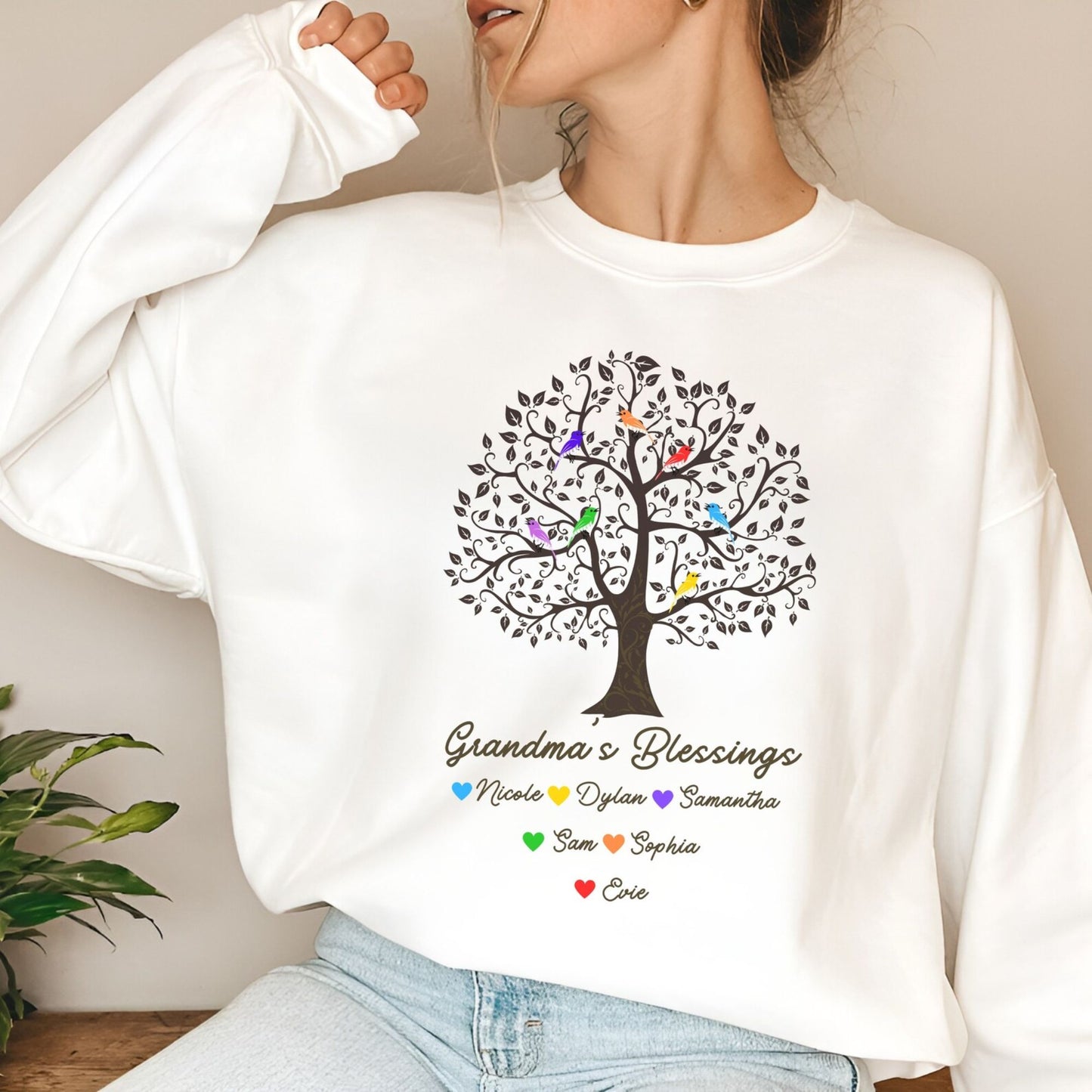 Personalisiertes 'Omas Segen'-Sweatshirt mit Vögeln, Oma-Sweatshirt mit den Namen der Enkelkinder