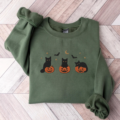 Spooky Black Cat Embroidered Sweatshirt for Fall