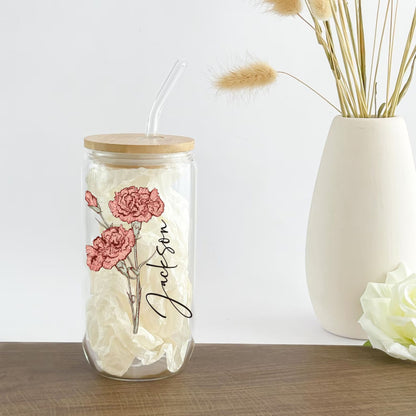 Personalisierter Geburtsblumen-Tumbler mit Name, Geburtsblumen-Glas, Geschenk für Sie