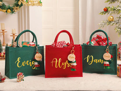 Personalisierter roter Jutebeutel – Weihnachts-Geschenkbeutel mit Namen