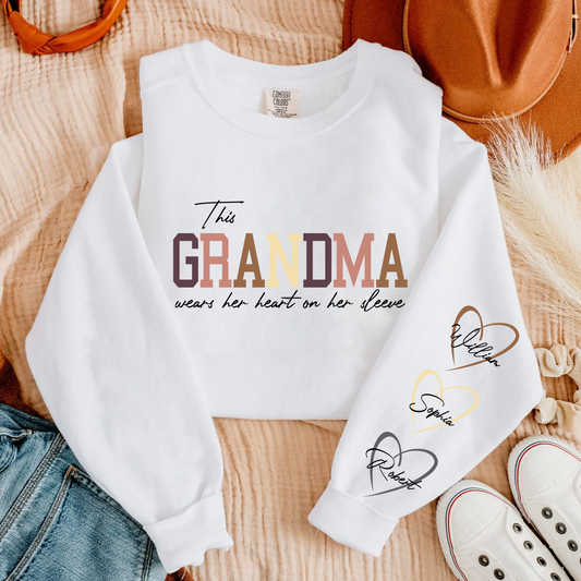 Custom 'Heart on Sleeve' Grandma Sweatshirt with Grandchildren's Names
