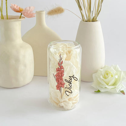 Personalisierter Geburtsblumen-Tumbler mit Name, Geburtsblumen-Glas, Geschenk für Sie