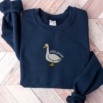 Embroidered Silly Goose Sweatshirt, Embroidered Goose Crewneck Hoodie