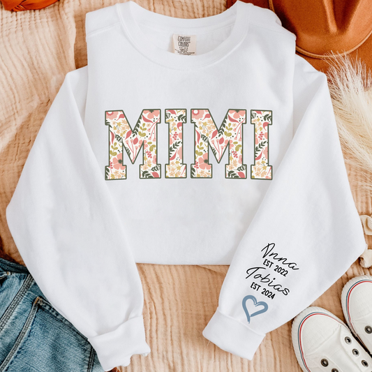 Personalized Mimi Sweatshirt – Floral Design with Grandkids’ Names and Dates