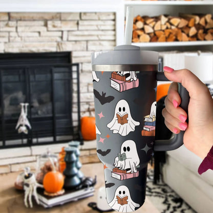 Niedlicher Geist Lesetumbler 40oz - Lustiges Halloween Geschenk für Leser, Halloween Bücher Tumbler 40oz