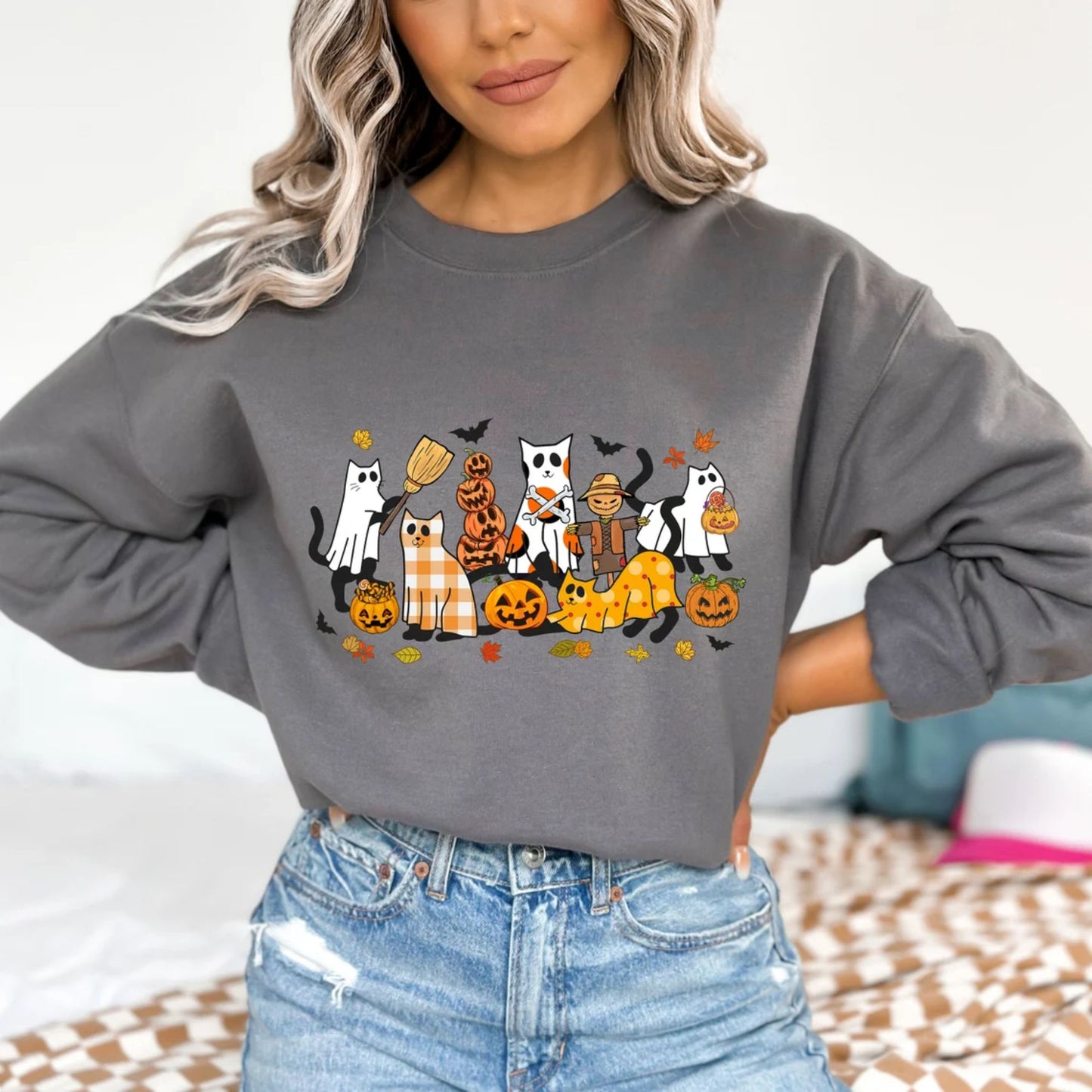 Schwarzes Katzen Halloween Shirt - Geschenk für Katzenliebhaber, Lustiges Halloween Katzen Sweatshirt