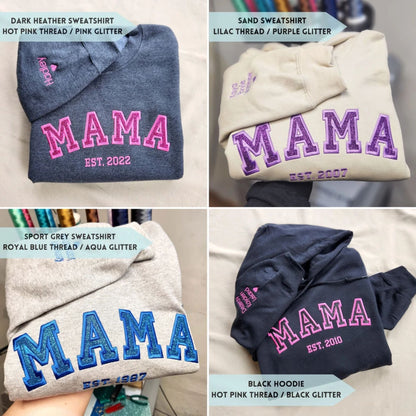 Personalisiertes Besticktes Mama Sweatshirt mit den Namen der Kinder auf dem Ärmel