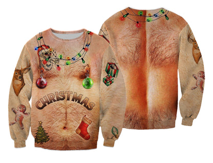 Unisex Weihnachts Crewneck Sweatshirt mit 3D Gesamtdruck und behaarter Brust