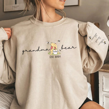 Personalisierter Oma Bär Sweatshirt - Oma Est Shirt mit den Namen der Enkelkinder auf dem Ärmel