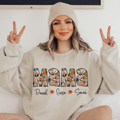 Personalisiertes Blumen-Mama-Shirt mit Kindernamen, Individuelles Mama-Sweatshirt