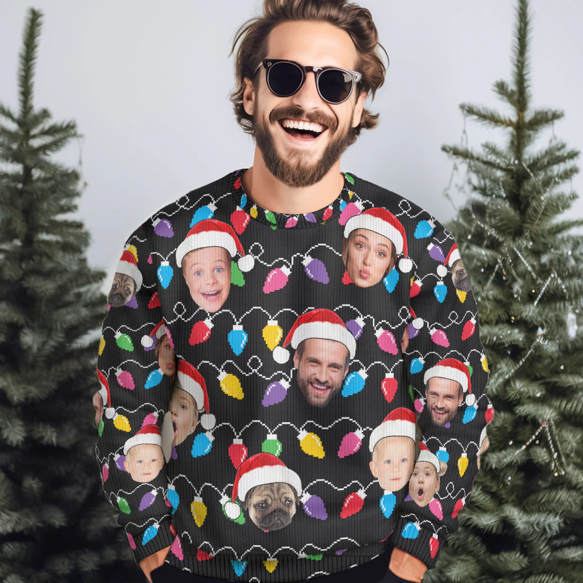 Personalisierter Weihnachtsfamilienpullover mit lustigen LED-Lichtern - Hässlicher Pullover mit eigenem Foto