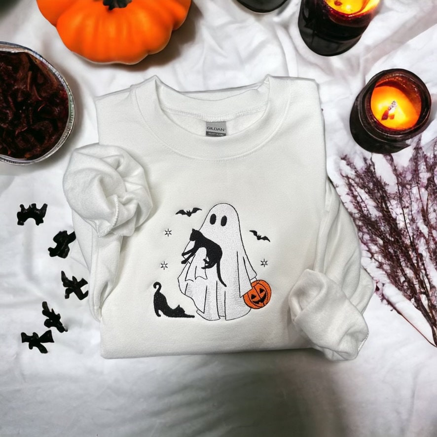 Embroidered Black Cat Ghost Spooky Fall Gift for Cat Moms