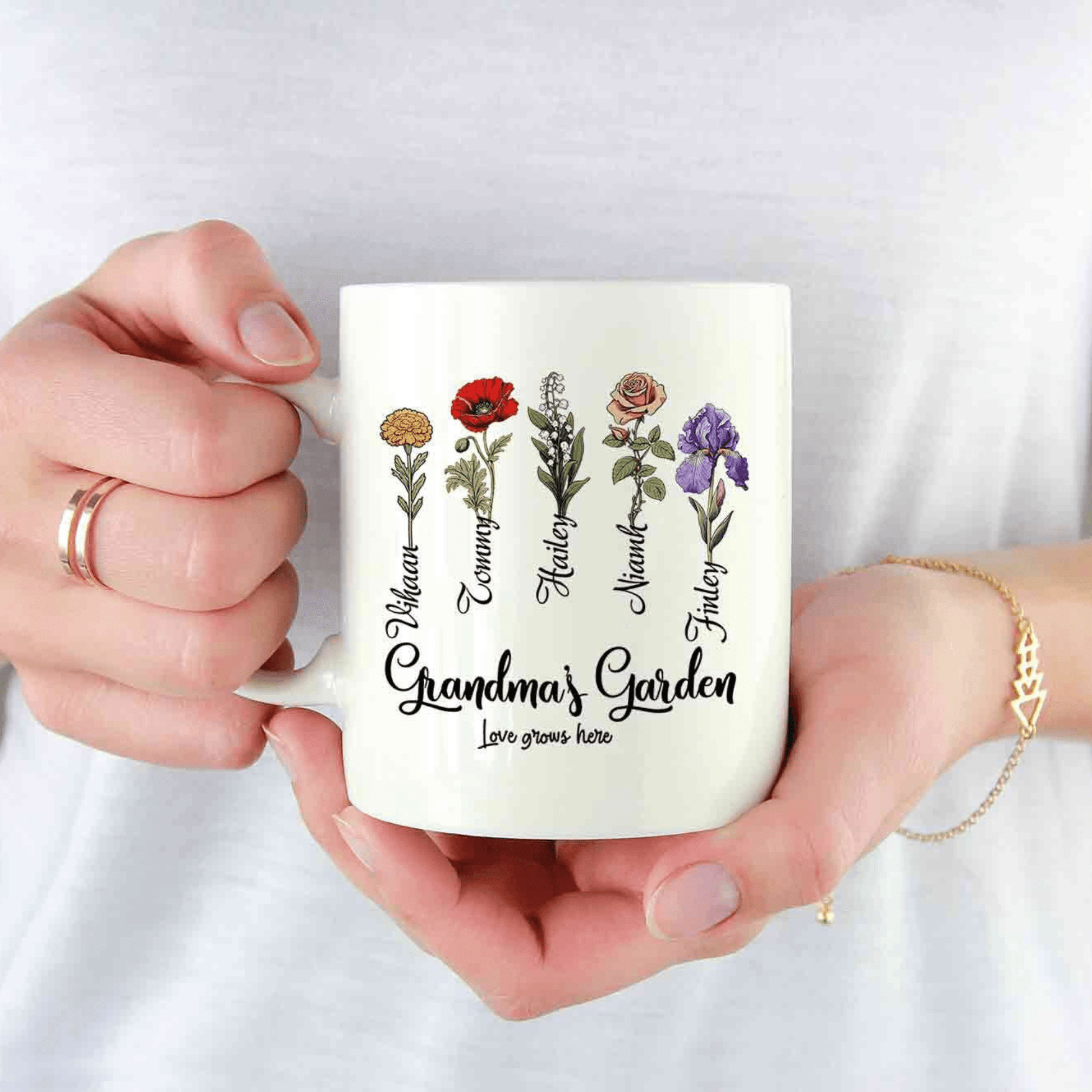 Individueller Geburtsblumen-Becher - Omas Garten mit Namen der Enkelkinder - GiftHaus