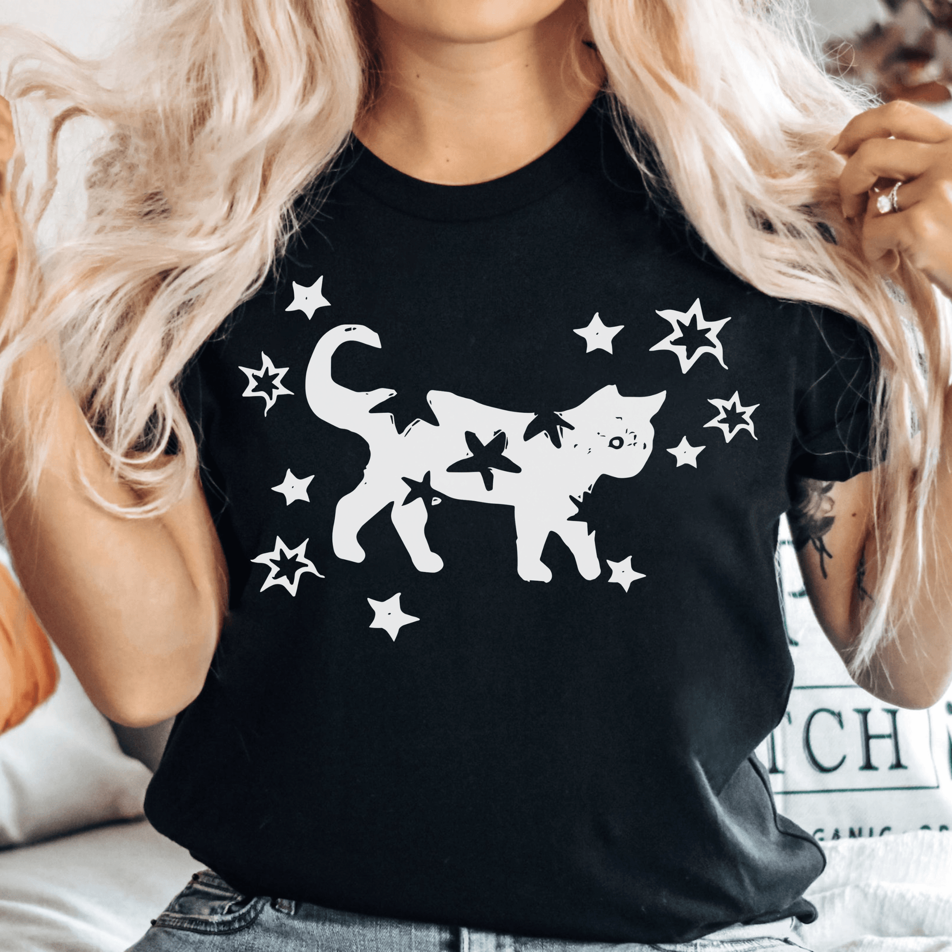 Midnight Cat Whimsy - Starry Chest Print Top for Feline Aficionados - GiftHaus