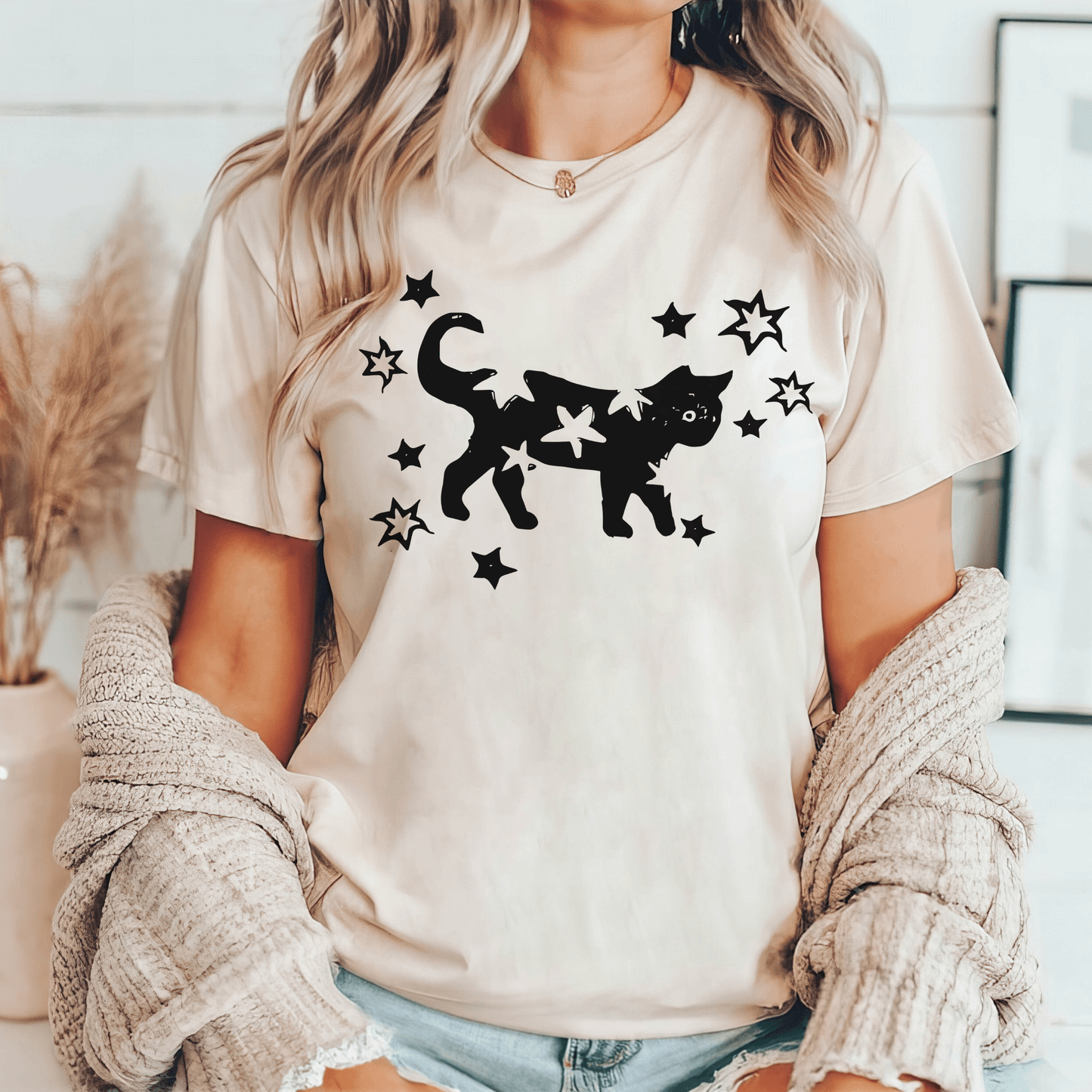 Midnight Cat Whimsy - Starry Chest Print Top for Feline Aficionados - GiftHaus