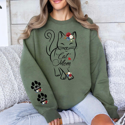 Personalisiertes Cat Mom Sweatshirt mit Katzennamen auf dem Ärmel - GiftHaus