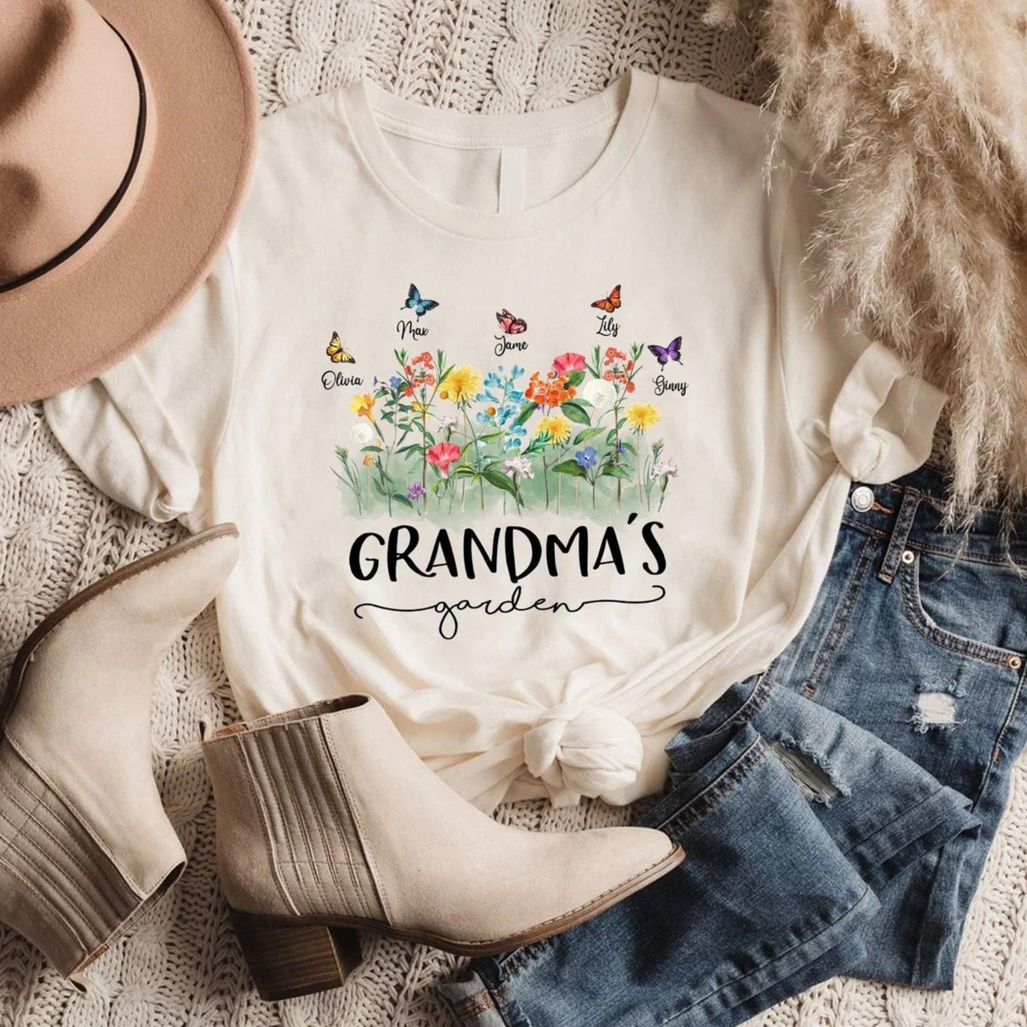 Personalisiertes Omas Garten Geburtsblumen Shirt mit Kindernamen - Omas Geschenk - GiftHaus