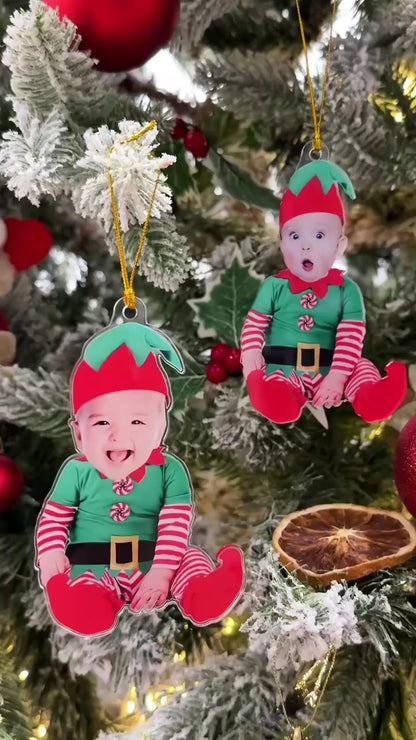 Niedliches Neugeborenes Baby-Elf - Personalisiertes erstes Weihnachtsornament mit Babyfoto