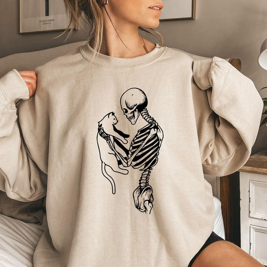 Skelett- und Katzen-Sweatshirt – Geschenke für Katzenliebhaber - GiftHaus