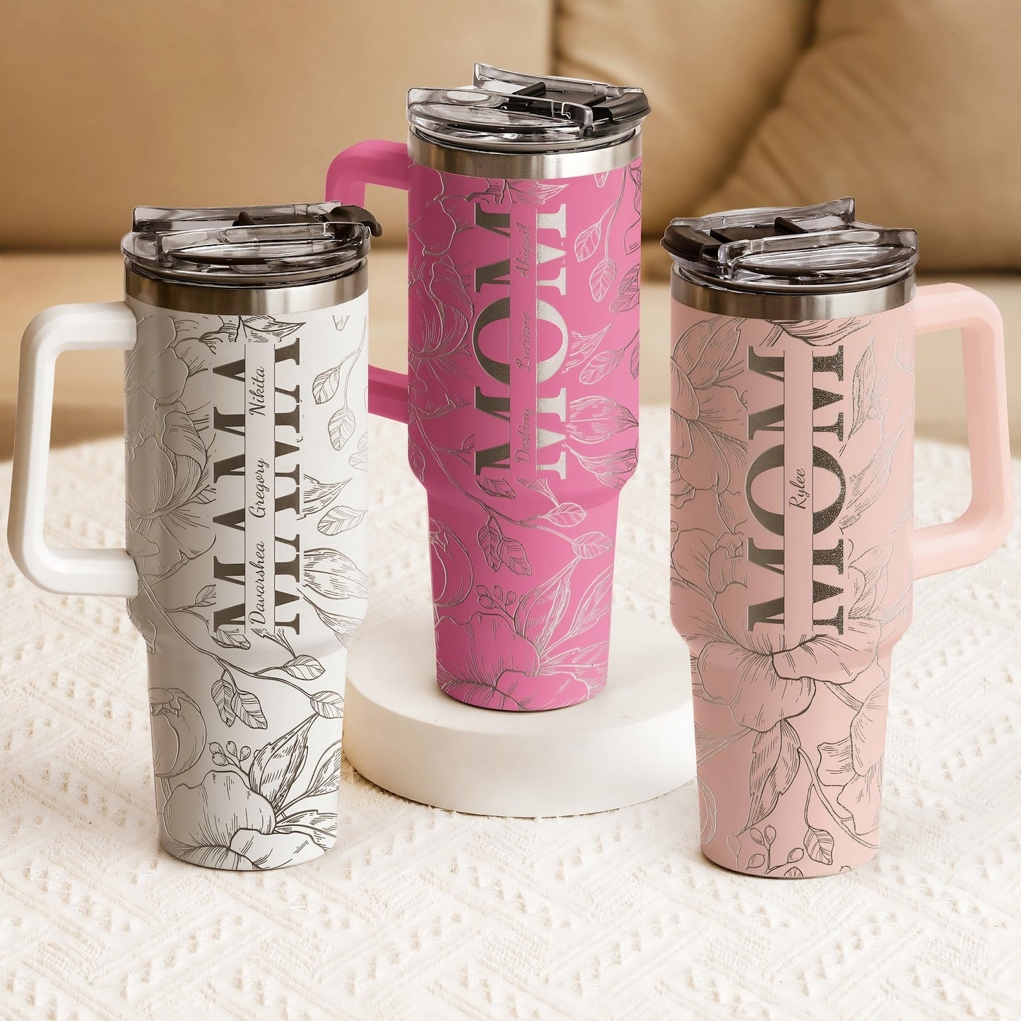 Personalisierter 40oz-Tumbler mit Blumen und Kindernamen – Geschenk zum Muttertag